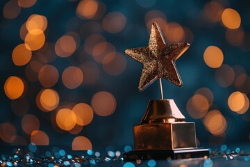 Golden star award trophy against a defocused background with bokeh lights
