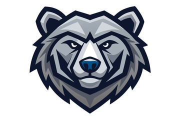 Grey bear head with blue nose gazes forward with determined eyes over white