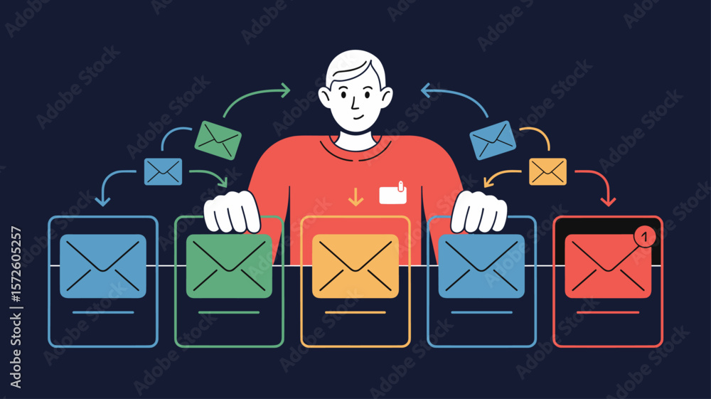 Poster marketer sorting emails into segmented channels, vector illustration for email personalization, mark