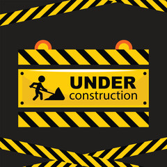 Website maintenance page with caution stripes, worker icon, and warning lights