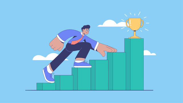 businessman climbing graph stairs to trophy, vector illustration for economic growth, career progression and achieving financial success