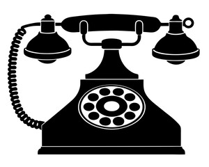 Classic black silhouette of an antique rotary dial telephone with a coiled cord
