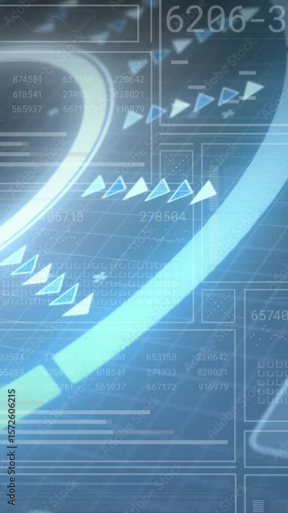 Poster animation of arrows in loading circles, changing numbers, bars, graphs over abstract background