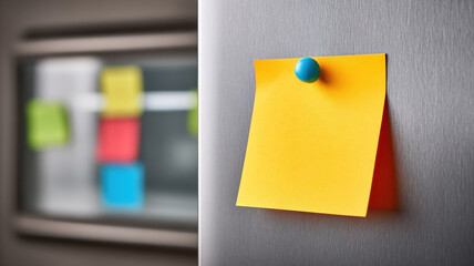 Yellow boomerang note for kids on metal surface with blue pin