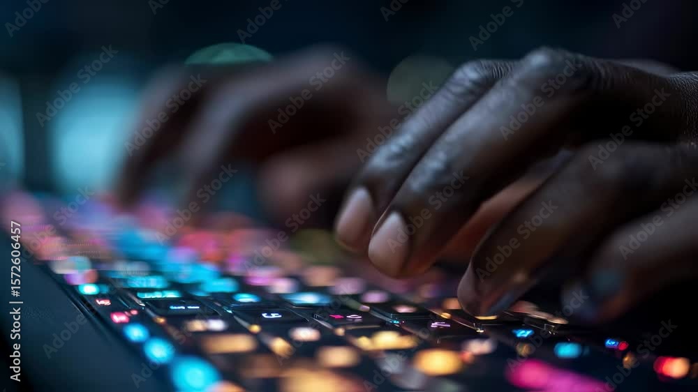 Poster detailed macro view of a mans hands at work fingers actively engaged in typing representing the inno