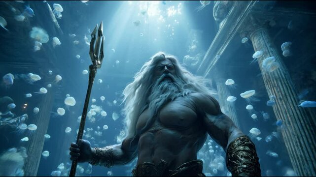 Poseidon, Greek god of the sea, emerges from an ancient underwater temple surrounded by luminous jellyfish in a mystical setting
