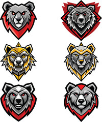 Six formidable bear head mascots show intense, varied colored details on a white backdrop