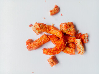 'Basreng' is a fried meatball with a spicy taste isolated on white background.