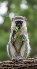 Fototapeta premium Vervet Monkey Eating Green Leaves on Tree Branch