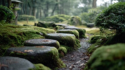 Serene path through a Japanese garden features moss-covered stones and lush greenery leading into a tranquil forest.