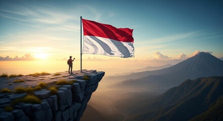 Flag Over the Horizon — Indonesian Flag Waving on a Mountain Cliff at Sunrise