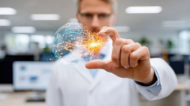 Scientist Exploring Neural Network: A scientist in a lab coat uses his fingers to interact with a holographic projection of a complex neural network, representing cutting-edge research and innovation.