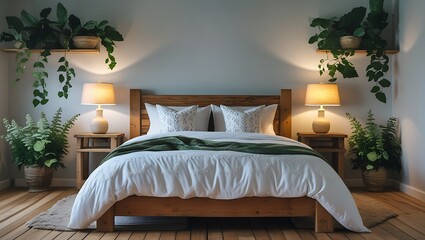 Bedroom with wooden bed frame plants on shelves and nightstands and white bedding with green blanket