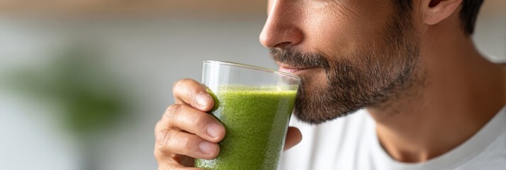 Close up of a man savoring a glass of vibrant green detox smoothie, embracing a healthy lifestyle with a refreshing and nutritious beverage