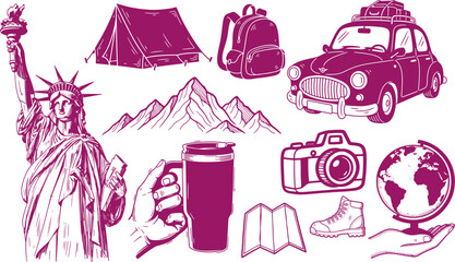 Collection of travel and adventure icons including statue of liberty tent backpack vintage car mountains camera map boot globe and hand holding a mug © SaHeD