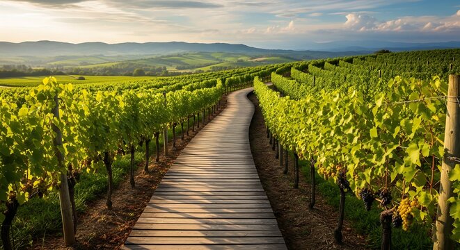 Beautiful vineyard landscape with wooden path and grapevines for wine tourism and agriculture travel scenery
