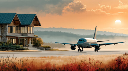 Airplane landing at small airport at sunset. Vintage travel poster with plane. Journey digital illustration