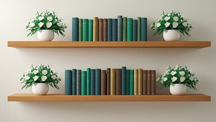 Two shelves filled with books and flower pots against a white wall in a simple interior design