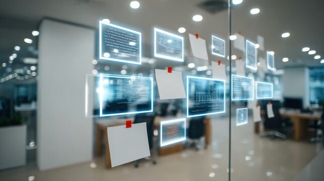 Digital Investigation Board: A modern office with a glass wall displaying numerous digital screens showcasing data points, symbolizing cybersecurity, investigations, and data analysis.