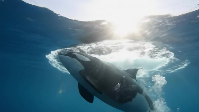 orca swimming underwater - Majestic orca swimming gracefully beneath the ocean surface, sunlight filtering through the water, creating a serene underwater scene