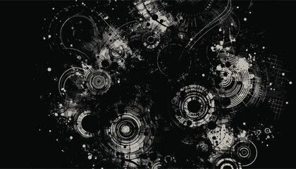  A dynamic abstract artwork featuring complex circular and geometric patterns in black-and-white tones, showcasing a modern digital composition with a technological