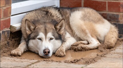 A fluffy, brown and white dog lying in a mud puddle, next to a door, looking at the camera.