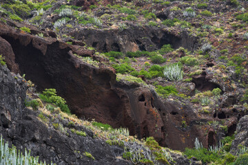 Volcanic cave and basalt rock