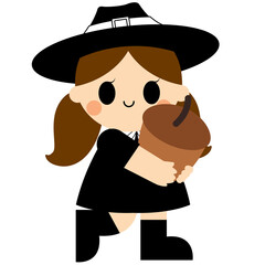 Cartoon Pilgrim Girl Holding Acorn