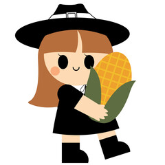 Cartoon Pilgrim Girl Holding Corn Illustration