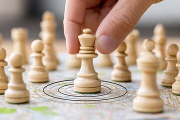 Hand placing queen chess piece on map target, strategic planning, leadership, and global business expansion concept.