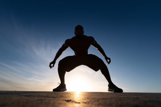 Silhouette of athletic man in wide squat against sunrise or sunset sky, concept of stability, strength, balance and intense outdoor workout routine