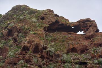 Volcanic cave and basalt rock