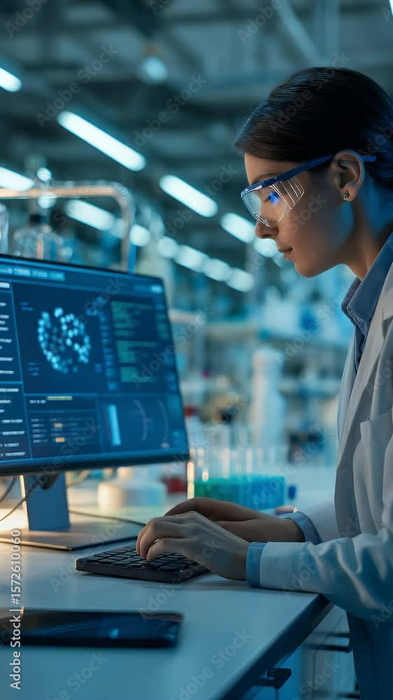 Poster dedicated scientist in lab: a focused female scientist in safety glasses intently analyzes complex d