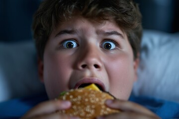 Teen boy in bed scared eating burger, overweight kid with wide eyes and fast food, night snack and stress eating concept