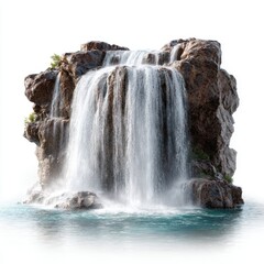 Isolated Waterfall Cascade with Brown Rocks and Turquoise Water on White Background