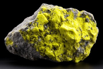 Uranium ore rock with bright yellow minerals, Rough uranium mineral sample isolated on black, Radioactive ore used for nuclear energy concepts