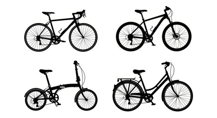 Silhouette of four different types of bicycles on white background