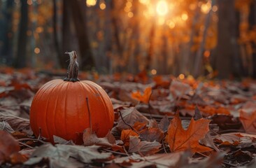 Festive autumn scene with pumpkin amid foliage in a woodland setting