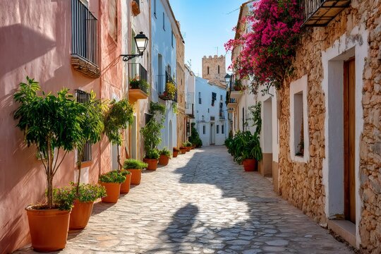 Fototapeta Picturesque narrow street with flower pots illuminating a spanish town