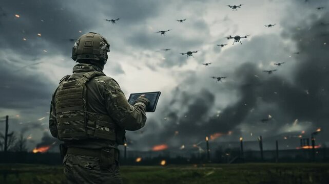 Military drone surveillance in warzone technology and conflict dramatic image with soldier and drones overhead