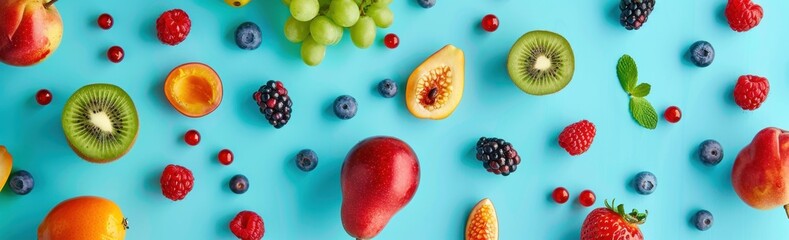 Vibrant assortment of colorful fruits arranged against a refreshing teal backdrop