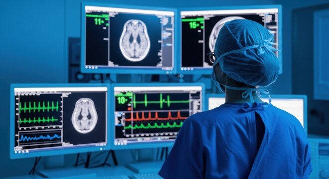 Healthcare Professional in Surgical Scrubs and Cap Observing Medical Imaging Monitors - Powered by Adobe
