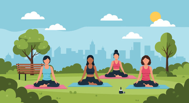 Adobe illustrator artwork vector illustration of women practicing yoga in a serene park setting under a sunny sky. Promoting wellness and healthy lifestyle.