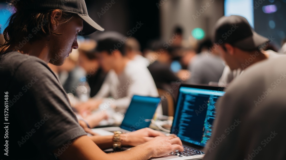 Poster participants engage in collaborative coding activity during a tech event at a convention center in t
