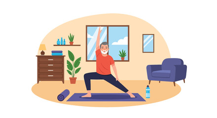 Adobe illustrator artwork vector illustration of a senior man practicing yoga at home in a lunge pose, promoting an active and healthy lifestyle for older adults