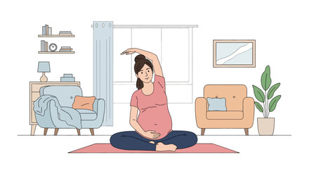 Adobe illustrator artwork vector illustration of a pregnant woman gently stretching and exercising in her living room. Ideal for maternal health, wellness, and comfortable home activities.