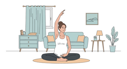 Adobe illustrator artwork vector illustration of a pregnant woman gently stretching and exercising in her living room. Ideal for maternal health, wellness, and comfortable home activities.