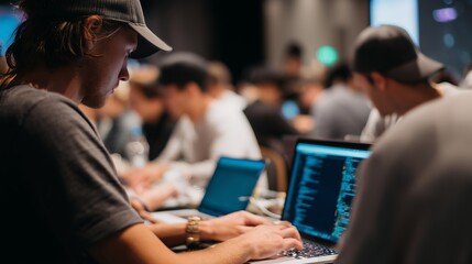 Participants engage in collaborative coding activity during a tech event at a convention center in the evening