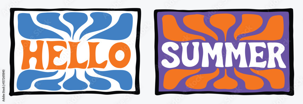 Poster set of hello summer retro graphic designs. bold stylized typography with abstract psychedelic shapes