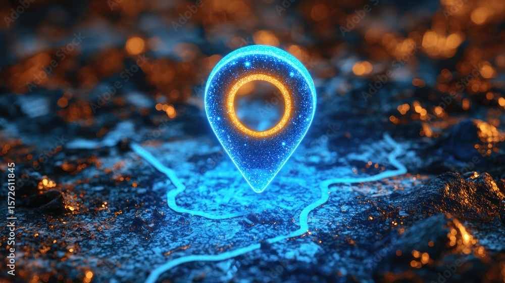 Poster glowing map marker on abstract dark terrain